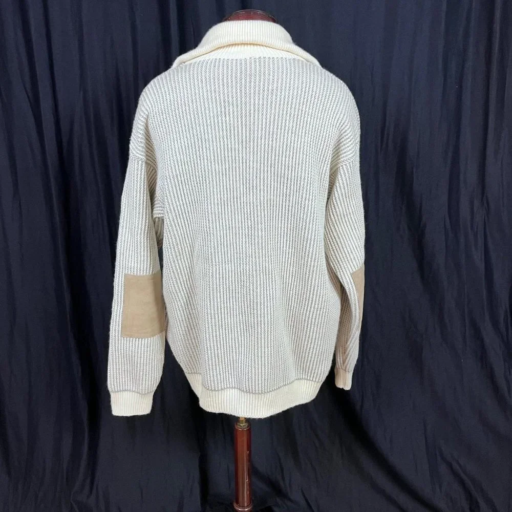 Men's Sweater Argentina Knit Leather Patches 1/8 Zip Size‎ L Off White Cream XL